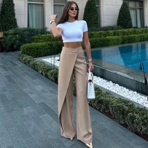 Zara Wrap Effect Wide Pants Tan Beige M High Waisted Wide Legs pareo trousers - Picture 5 of 17